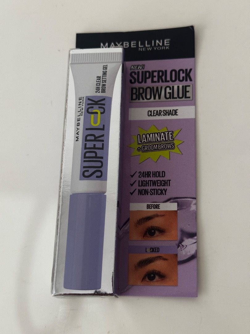 Maybelline Superlock Brow Glue (Category: Makeup) located in Quezon City. Submitted by declutteringnini (Listing ID 1399711635, Image 1). Description: Superlock Brow Glue Sealed and Brand New Guaranteed Authentic 💯 Price is firm.