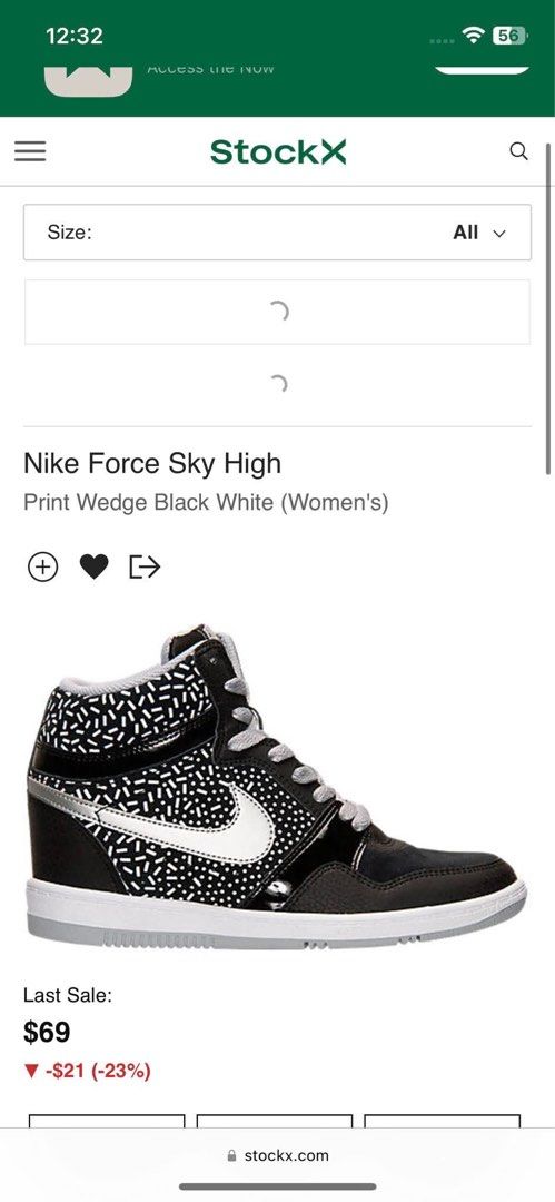 Nike Force Sky High Print Wedge Black White (Category: Sneakers) located in Santiago. Submitted by bravecloud.beast (Listing ID 1399712554, Image 2). Description: - Nike Force Sky High sneakers - Color: Black and white - High-top design - Features a patterned upper - Wedge heel - Silver Nike swoosh - Grey laces - Size: US 6.5, UK 4, EUR 37.5, CM 23.5 - Made in Vietnam.