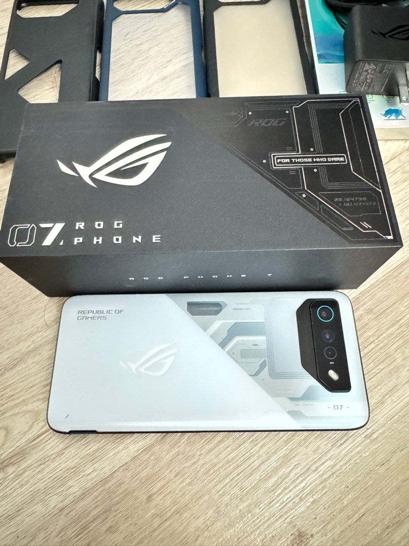 ROG Phone 7 (Category: Asus) located in Imus. Submitted by moogleshop (Listing ID 1399686697, Image 1). Description: ROG Phone 7 Storm White (12GB/256GB) Includes box Original Charger Original Case 2 Devilcase Tempered glass screen protector.
