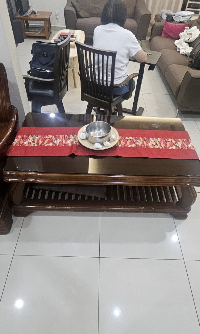 Solid wood sofa (Category: Sofas) located in Kajang. Submitted by kazuzave (Listing ID 1399737366, Image 2). Description: 1 + 2 + 3 + (1 long 1 square) coffee table. rare solid wood sofa.