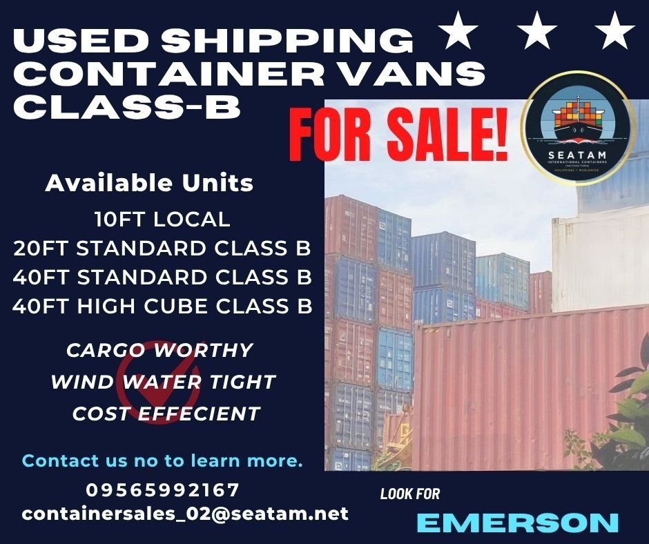 Used Shipping Container Vans - Class B (Category: Construction & Building Materials) located in San Jose del Monte. Submitted by seatam_emerson (Listing ID 1399669563, Image 1). Description: - Available Container Sizes: - 10FT Local - 20FT Standard Class B - 40FT Standard Class B - 40FT High Cube Class B - Features: - Cargo Worthy - Wind & Water Tight - Cost Efficient - Contact us to learn more!.