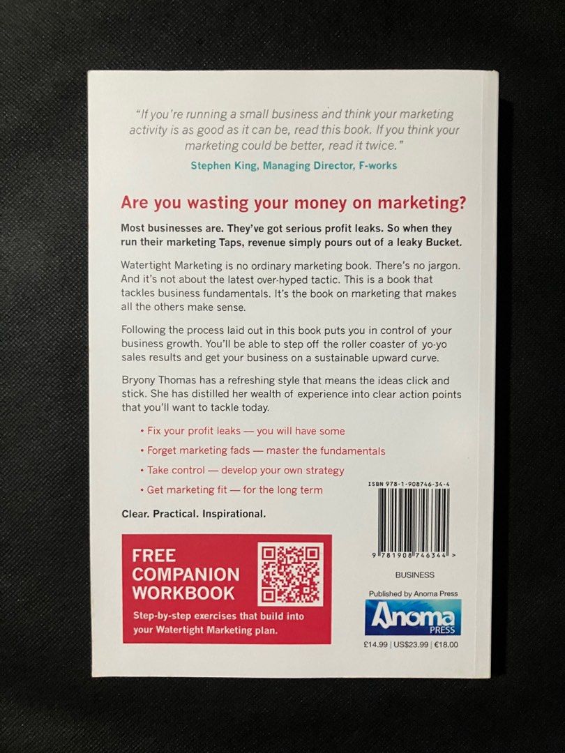 Watertight Marketing by Bryony Thomas (Category: Textbooks) located in Quezon City. Submitted by kurosu09 (Listing ID 1399780760, Image 2). Description: Product information Publisher: Human Business Thinking Publication date: March 21, 2020 Language: English Print length: 368 pages ISBN-10: 1913474003 ISBN-13: 978-1913474003 Item Weight: 2.31 pounds Dimensions: 6.14 x 0.76 x 9.21 inches - Payment via bank transfer, GCash, Maya - Delivery fee not 