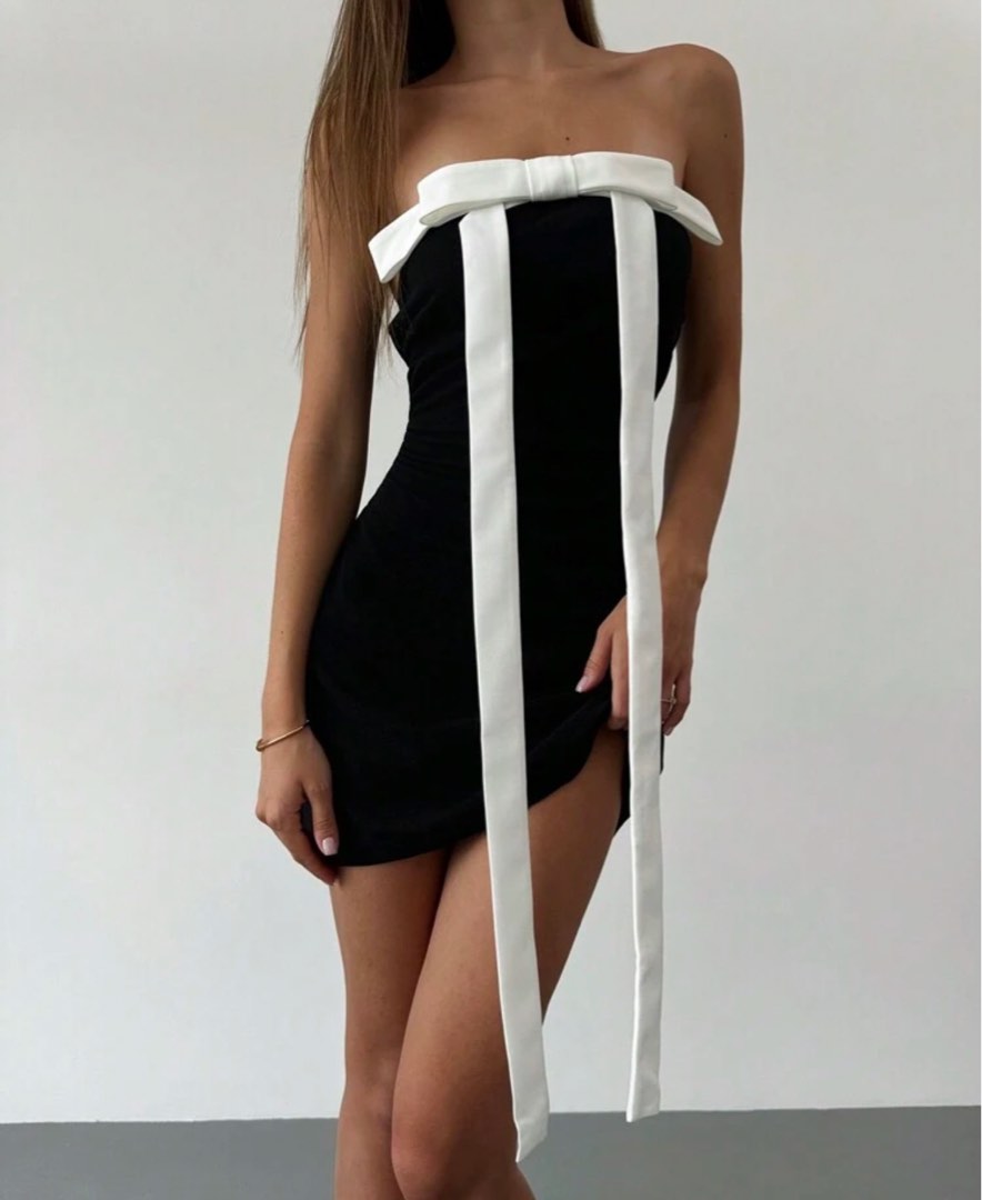 Black and White Strapless Mini Bow Dress, Women's Fashion, Dresses — free download