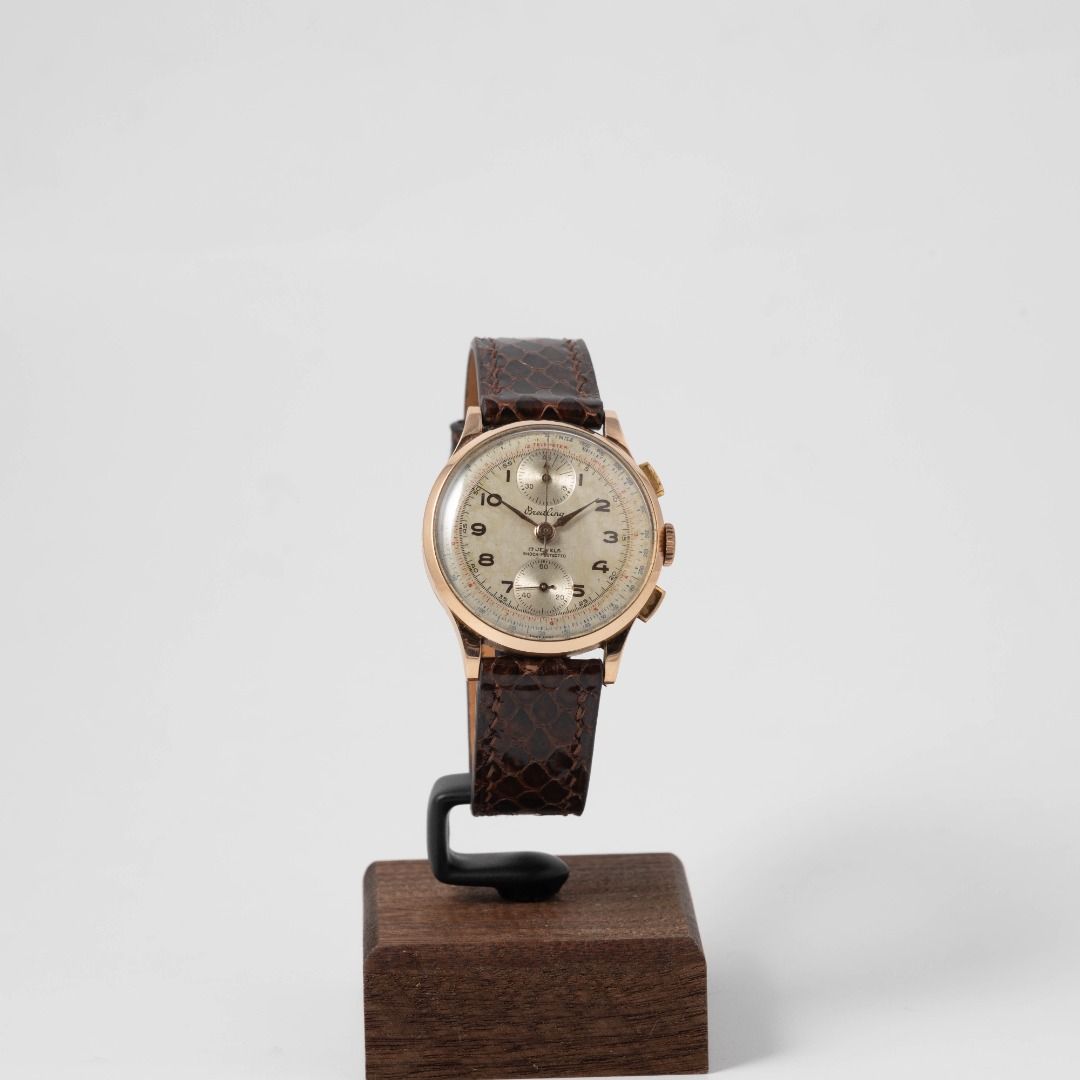 Breitling 18k Solid Rose Gold case Vintage Chronograph (Category: Luxury Watches) located in Las Pinas. Submitted by collectiblewatchesmanila (Listing ID 1399972524, Image 3). Description: A rare glimpse of 1940s Swiss innovation — this 18K rose gold Breitling chronograph houses the legendary Venus 170 movement with Heuer’s patented oscillating pinion, the same mechanism that defined modern chronographs. Dual scales for telemeter and tachymeter, 