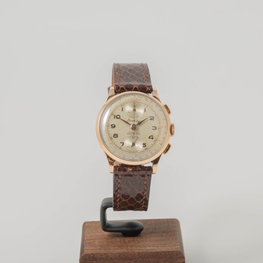 Breitling 18k Solid Rose Gold case Vintage Chronograph (Category: Luxury Watches) located in Las Pinas. Submitted by collectiblewatchesmanila (Listing ID 1399972524, Image 2). Description: A rare glimpse of 1940s Swiss innovation — this 18K rose gold Breitling chronograph houses the legendary Venus 170 movement with Heuer’s patented oscillating pinion, the same mechanism that defined modern chronographs. Dual scales for telemeter and tachymeter, 