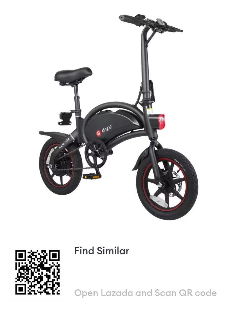 DYU D3+ Electric Folding Bike (Category: Bicycles) located in Makati City. Submitted by rcv02 (Listing ID 1399866315, Image 1). Description: DYU D3+ is a foldable electric bike with a full LCD-backlit digital dashboard. It features a full LED lighting system for brighter and safer riding. The bike has a black frame with red accents on the wheels..