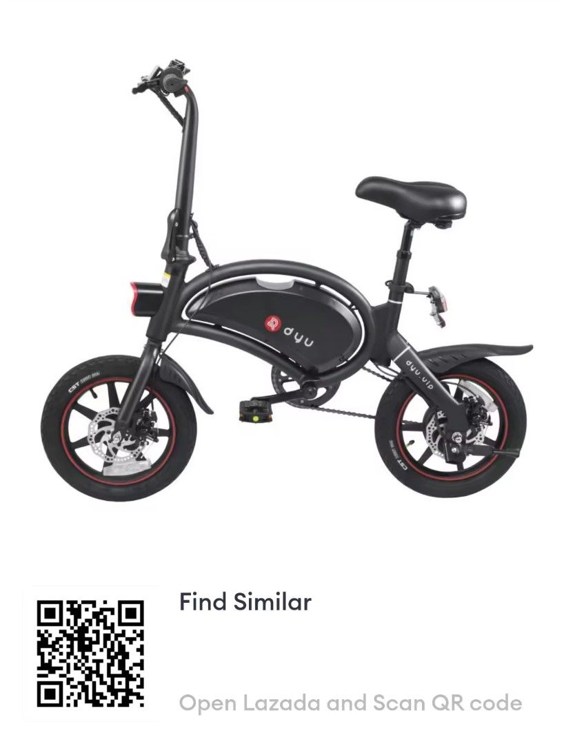 DYU D3+ Electric Folding Bike (Category: Bicycles) located in Makati City. Submitted by rcv02 (Listing ID 1399866315, Image 2). Description: DYU D3+ is a foldable electric bike with a full LCD-backlit digital dashboard. It features a full LED lighting system for brighter and safer riding. The bike has a black frame with red accents on the wheels..