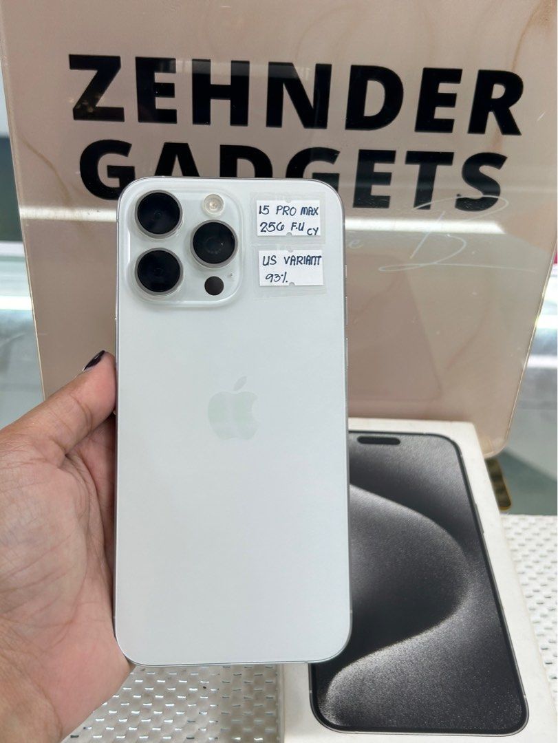 iPhone 15 PRO MAX 256GB OPENLINE (US VARIANT) (Category: iPhone 15 Series) located in San Juan City. Submitted by desireebayal96 (Listing ID 1399986441, Image 1). Description: iPhone 15 PRO MAX (WHITE) * 256GB * OPENLINE * NO SIM RESTRICTIONS * US VARIANT (NO PHYSICAL SIM) * E-SIM ONLY * 93% BATTERY HEALTH (ORIGINAL NOT BOOSTED, CAN CHECK 3UTOOLS) * 98% SMOOTH * NO ISSUE * NO HISTORY OF REPAIR * NO ICLOUD ISSUE * NOT REFURBISHED * FACE ID & TRUET