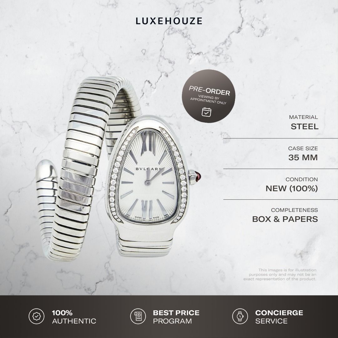 New Bulgari Serpenti Tubogas Watch 101816 Silver (Category: Watches) located in Singapore. Submitted by luxehouze (Listing ID 1398736466, Image 1). Description: Luxehouze is your trusted marketplace to buy and sell luxury goods. Luxehouze SG Pte Ltd is a licensed luxury goods marketplace and regulated dealer. WHY US? 100% Authentic with Money-Back Guarantee Best Price Program* Luxury Sourcing * T&Cs apply. OUR SERVICES • Watch Purchase - Shop you