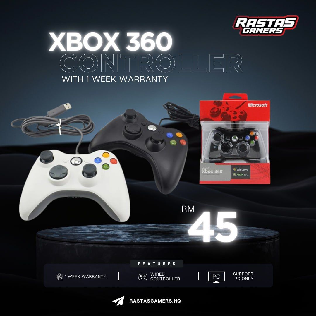 NEW Controller Wired Xbox 360 (Category: Controllers) located in Bangi. Submitted by rastasgamers (Listing ID 1399971621, Image 1). Description: 🎮 NEW Controller Wired Xbox 360 Support untuk PC sahaja Sambungan Pantas & Stabil – tiada lag, hanya aksi lancar! Reka Bentuk Ergonomik – selesa digunakan untuk sesi permainan panjang. Ciri-Ciri Butang Sensitif untuk kawalan yang lebih tepat dan responsif. Harga RM45💵 (1 week warranty) contact kami jik