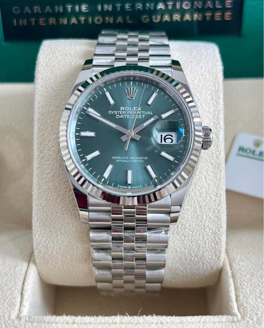 Rolex Datejust 36 Mint Green 2025 (Category: Luxury Watches) located in Makati City. Submitted by luxeellisseofficial (Listing ID 1399867314, Image 1). Description: Rolex Datejust 36 Mint Green 2025 Fluted Bezel, Jubilee Bracelet Ref. 126234 Brand New | Unresized | Unworn Complete Set Warranty Valid Until 2030 🔎 All watches are open for Verification. 📍 Meetups can be arranged..