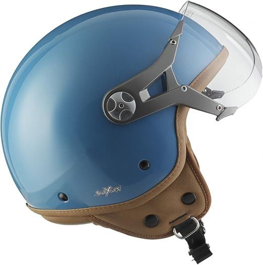 SOXON Blue Open Face Motorcycle Helmet size XS (Category: Helmets and other Riding Gears) located in Manila. Submitted by maynecea (Listing ID 1399874806, Image 2). Description: FOR SALE: SOXON SP-325 Mono “Crystal Blue” Jet Helmet Price: P6800 only Condition: Gently used, excellent condition Size: XS to (S) – fits super small head circumference Brand: SOXON Color: Crystal Blue with brown vegan leather accents Inclusions: Clear visor, original ch