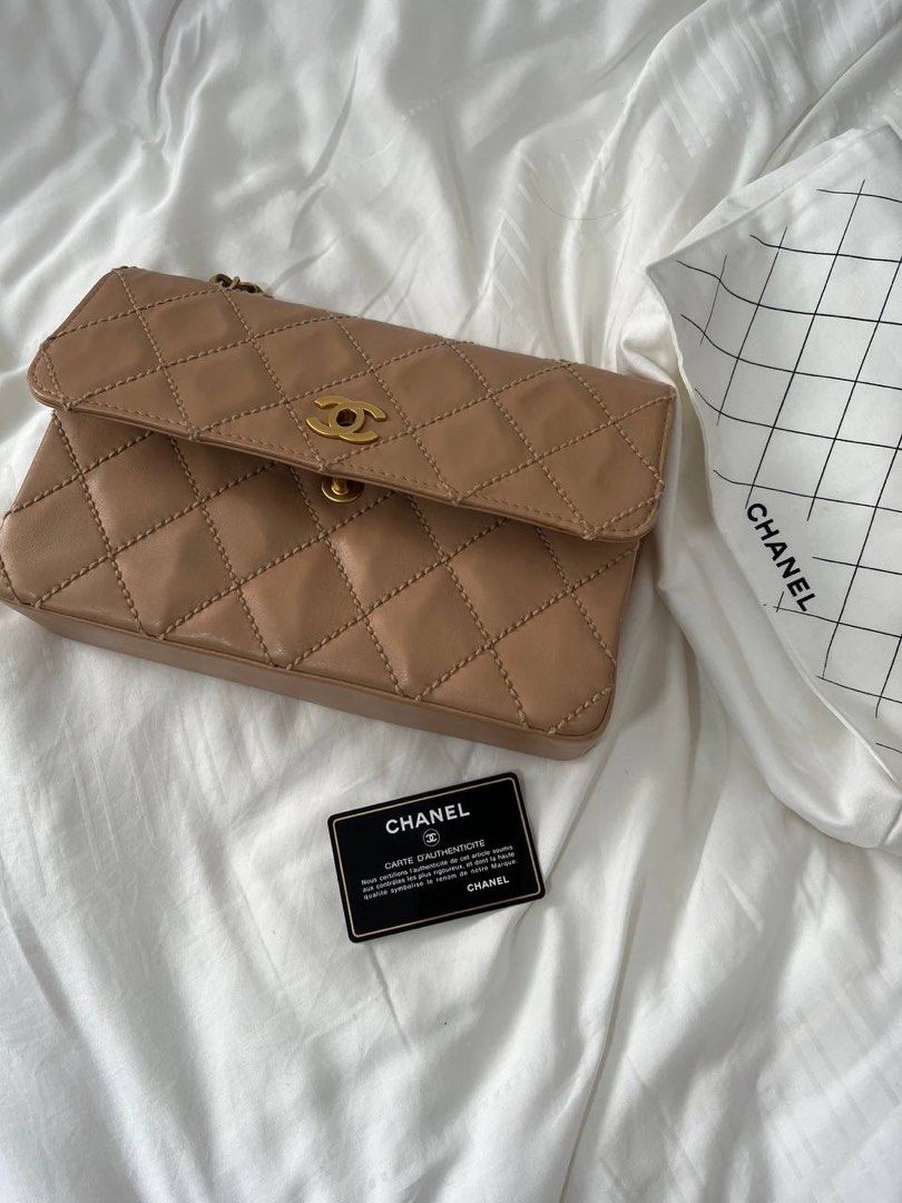 Vintage Chanel Wild Stitch Quilted Flap Beige Shoulder Bag, Luxury