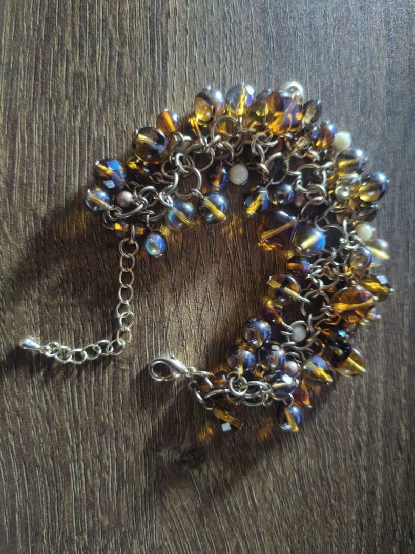 Amber Charm Bracelet (Category: Bracelets) located in Legazpi City. Submitted by roxy420 (Listing ID 1400142865, Image 1). Description: - Features a cluster of amber and iridescent beads. - Silver-toned chain and clasp. - Beads in various shapes and sizes. - Delicate design suitable for everyday wear or special occasions..
