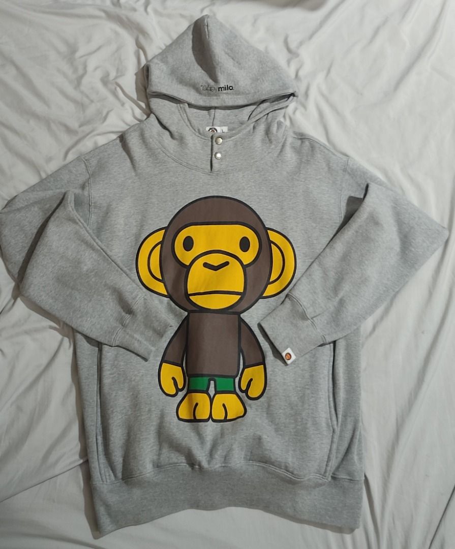 Baby Milo Hoodie (Vintage Milo Version) (Category: Coats, Jackets and Outerwear) located in Manila. Submitted by sik2find (Listing ID 1400131622, Image 3). Description: - Gray Baby Milo hoodie -Vintage Baby milo logo Release Japan. - Size: L - XL - Material: Cotton - Features: Hood, buttons at neck - Branding on hood and sleeve.