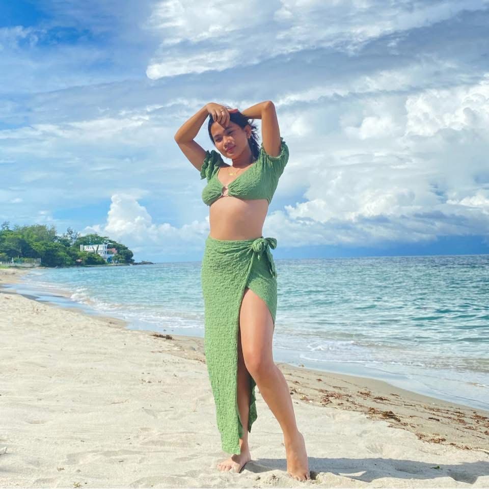 Green Crop Top and Skirt Set (Category: Sets or Coordinates) located in Marikina City. Submitted by prelovedbysesiii (Listing ID 1400191315, Image 1). Description: - Green crop top and skirt set - Top: short sleeves, ring detail - Skirt: wrap style, high slit - Textured fabric - Perfect for beach or summer outings Fits S-M.