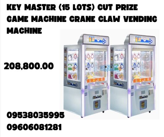 Key Master (15 Lots) Cut Prize Game Machine Crane Claw Vending Machine (Category: Industrial Equipment) located in Caloocan City. Submitted by nataliemor30968 (Listing ID 1400030979, Image 1). Description: Model NO: EP-G001 Size: L100*W90*H183 CM Power: 250W Weight: 200KG Player:1 Player Packing Size:1.1*1.05*2.02 M .