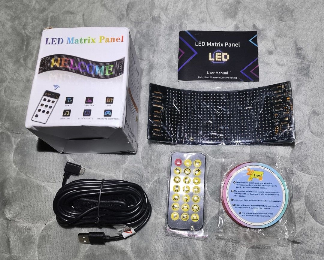 LED Matrix Panel 16x32 (Category: Lighting) located in Manila. Submitted by elladejesus.05 (Listing ID 1400180123, Image 2). Description: LED Matrix Panel Brand New! - Bright and Colorful Lights - Flexible Circuit Board - Smart APP Control - Programmable LED car screen - Displays scrolling messages and graphics - Remote control included - USB powered (5V) - Waterproof matrix panel - Dimensions: 173mm x 70mm - Includes USB cable - Suitable for mul