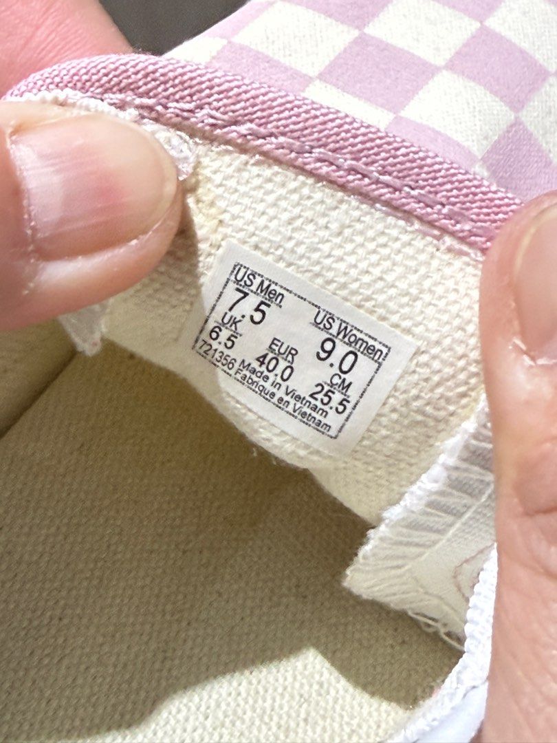 Vans Slip-On Checkerboard Pink (Category: Sneakers) located in Quezon City. Submitted by zarigoco (Listing ID 1400053735, Image 2). Description: - Vans Slip-On shoes - Checkerboard pink design - White sole with pink accents - Includes original tag - Size: US Men's 7.5, US Women's 9, EUR 40, 25.5 cm - Made in Vietnam.
