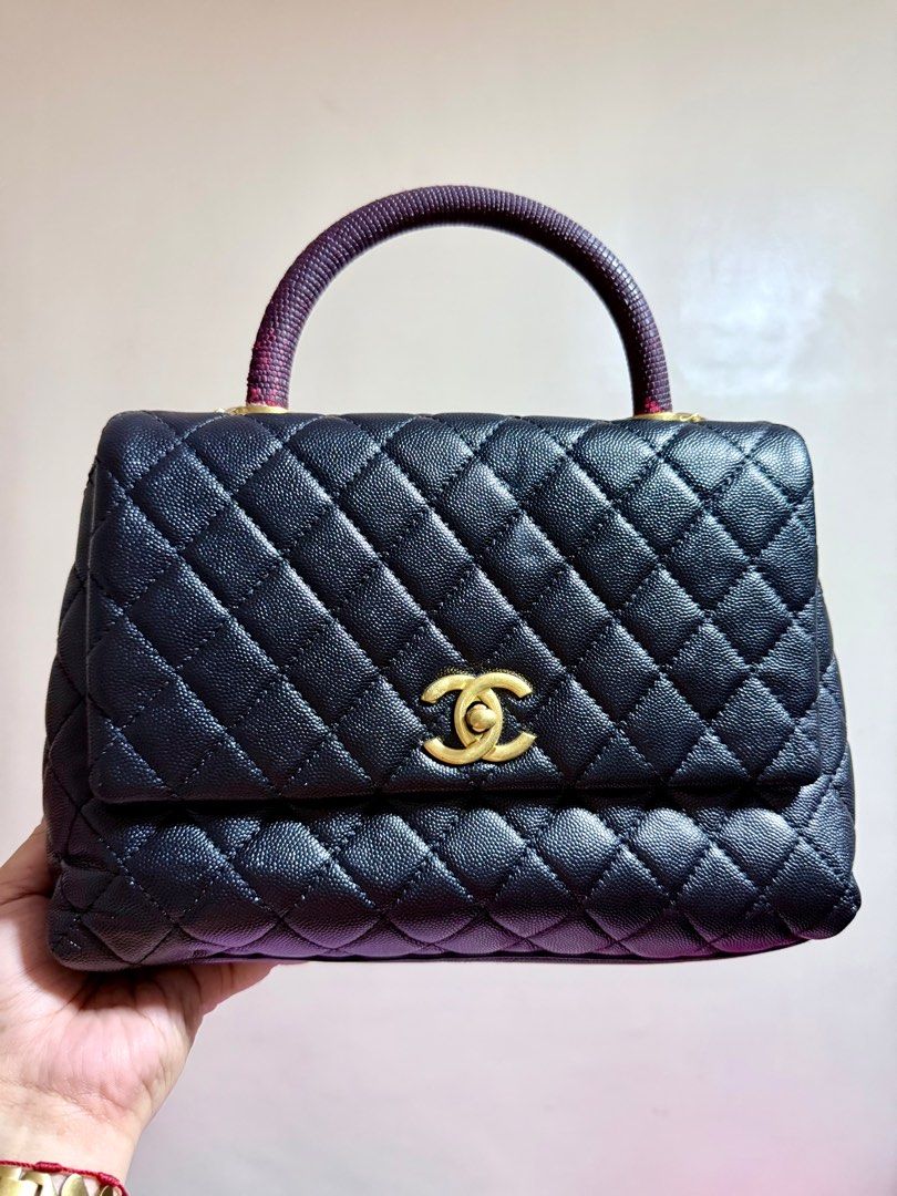 Vintage Chanel Coco Handle Bag from Japan (Category: Luxury Bags & Wallets) located in Cavite. Submitted by lady_speculator_ph (Listing ID 1400051607, Image 1). Description: Elegant Chanel Coco Handle bag. Features a black quilted leather exterior with a unique handle. Includes a gold-tone chain strap. The interior has a zip pocket and a leather tag with the Chanel logo. The bag has a classic CC turn-lock closure. ✅ Replaced detachable chain ✅ To