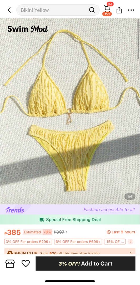 SHEIN Yellow Solid Color Summer Bikini (Category: Bikinis & Swimsuits) located in Manila. Submitted by skyfl4kesdeclutter (Listing ID 1400111040, Image 2). Description: - super cute and soft - super good bottom coverage - bought it off shein for a trip but never wore it since it wasn’t my size .