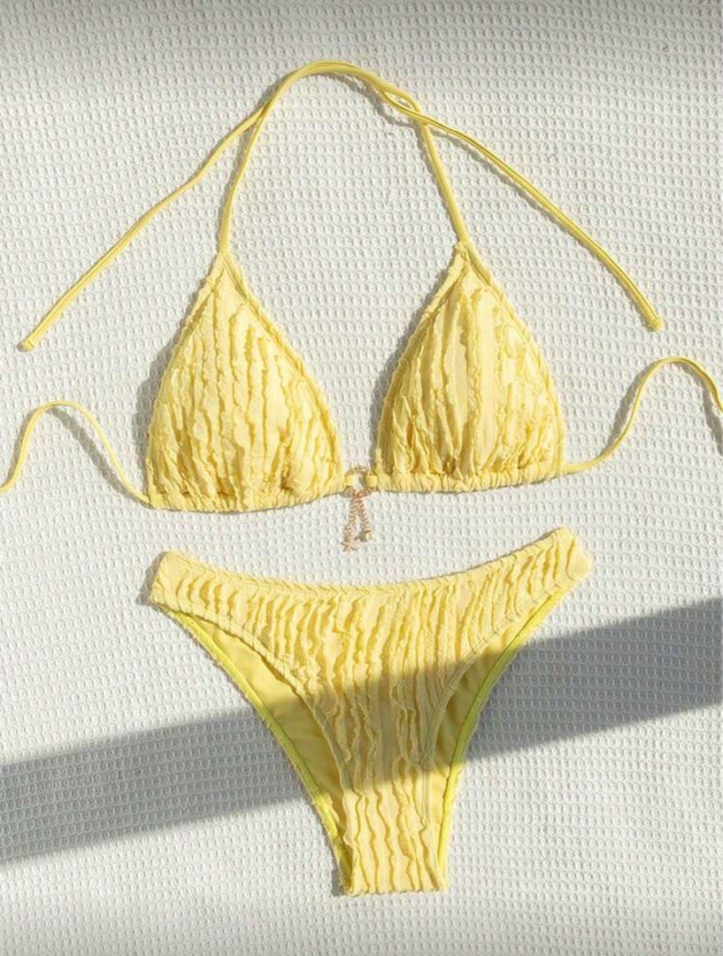 SHEIN Yellow Solid Color Summer Bikini (Category: Bikinis & Swimsuits) located in Manila. Submitted by skyfl4kesdeclutter (Listing ID 1400111040, Image 1). Description: - super cute and soft - super good bottom coverage - bought it off shein for a trip but never wore it since it wasn’t my size .