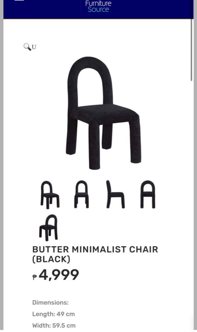 Aesthetic Minimalist Chair (black) (Category: Chairs) located in Pasig City. Submitted by crunchae (Listing ID 1400257890, Image 2). Description: Used only a few times, less than a month. almost brand new I’ll give a better deal if you get 2pcs.
