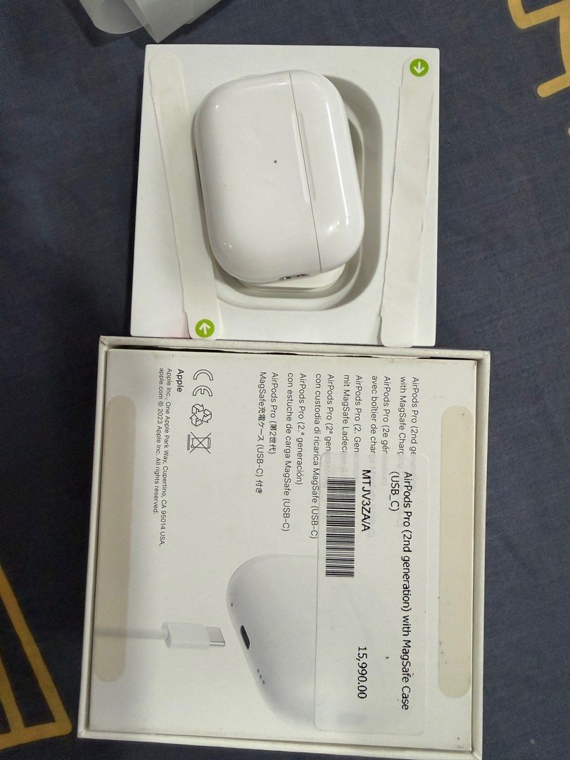 Airpods pro ( 2nd gen) with Magsafe case (USB-C) (Category: Earphones) located in Quezon City. Submitted by sbalane (Listing ID 1400274117, Image 2). Description: With light scratches fro the case With some linear cracks r/l earpods ( not even dropped) RFS: upgrade.