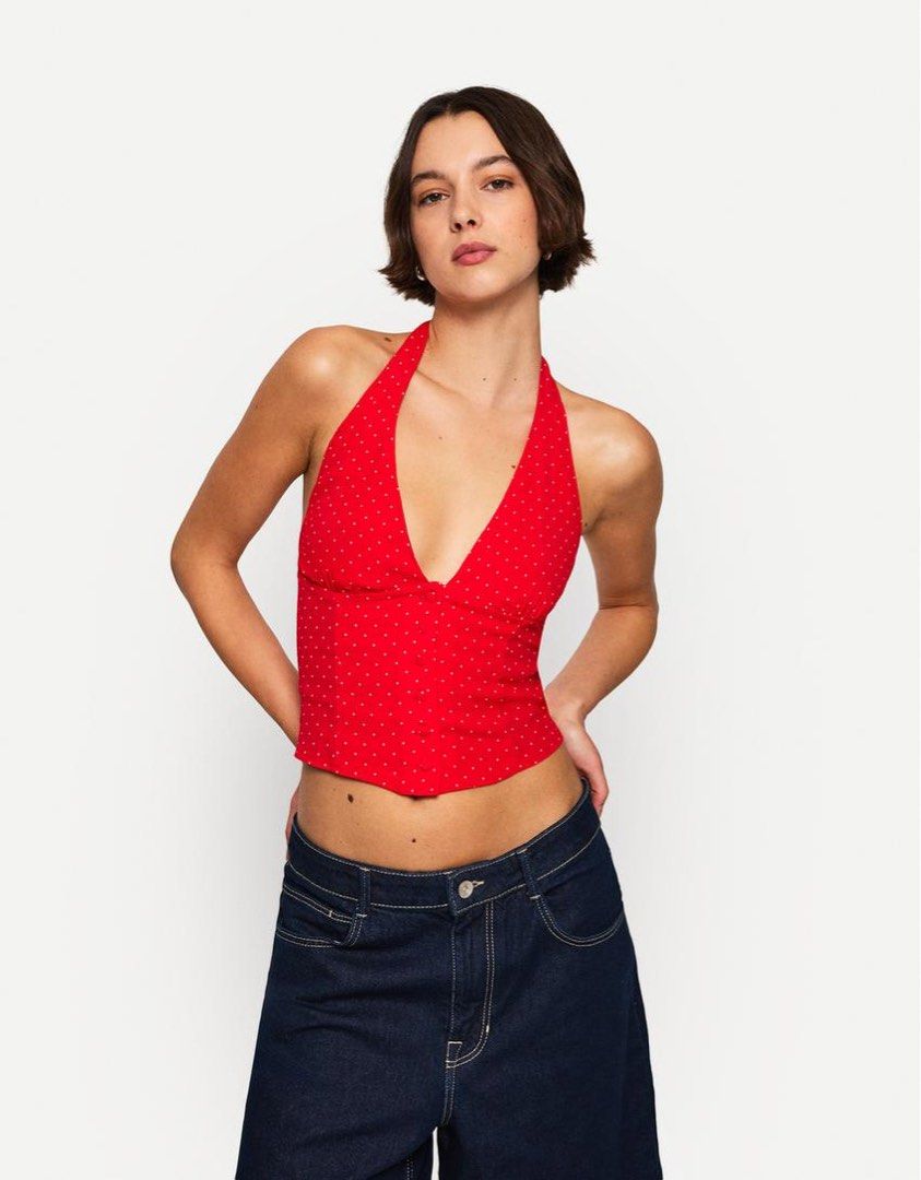 Bershka Red Halter Top with Polka Dots (Category: Sleeveless) located in Cebu City. Submitted by kjshopp (Listing ID 1400210783, Image 1). Description: Brand new with tag Gathered back.