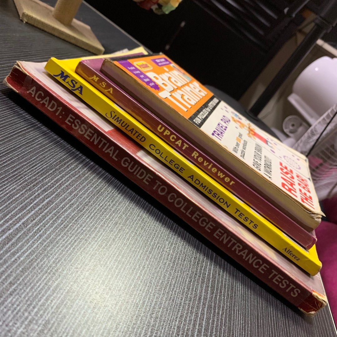 College Entrance Exam Study Book Set (Category: Textbooks) located in Taguig. Submitted by knickersknackers (Listing ID 1400334556, Image 1). Description: Sold as a set. Includes: - MSA Simulated College Admission Test (OG Price: P 648) - MSA UPCAT Reviewer (OG Price: P 358) - ACAD1: Essential Guide to College Entrance Tests (OG Price: 450).