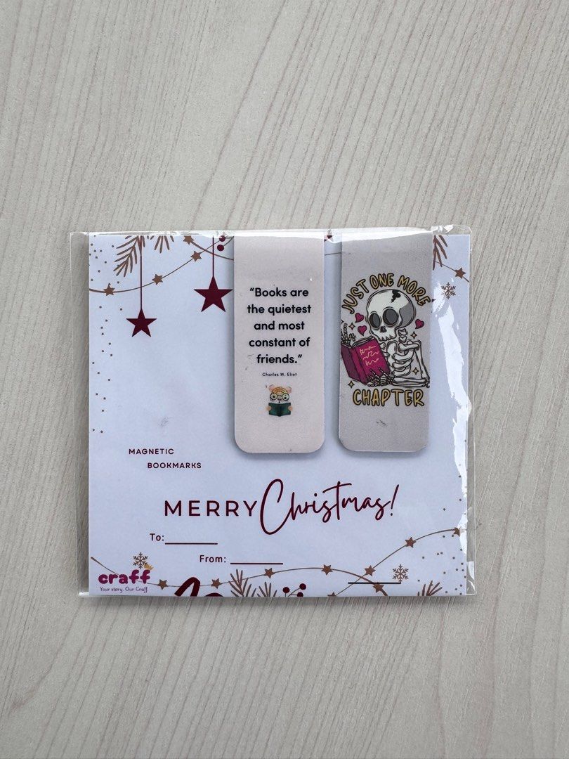 Craff Magnetic Bookmarks - Christmas Edition (Category: Stationery & School Supplies) located in Manila. Submitted by beimma (Listing ID 1400352160, Image 2). Description: Christmas Giftable Magnetic Bookmarks 2 pcs Bookmark Size (when folded) Height: 5.5 cm Width: 2.2 cm ✨Thick magnet used (used 1 mm of magnetic sheet per side) ✨Can hold up to 5 pages Shipping fee c/o Buyer.