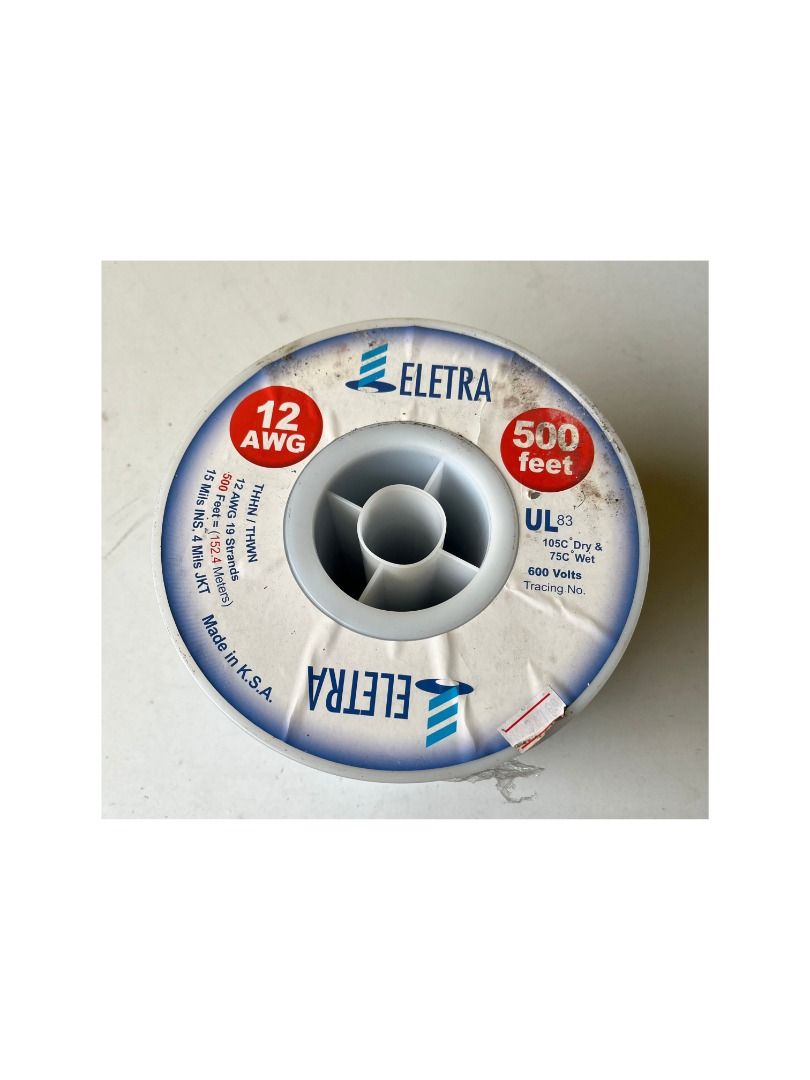 ELETRA THHN Wire 12 AWG 500 FT (Category: Construction Tools & Equipment) located in Muntinlupa City. Submitted by arvinunabia (Listing ID 1400241833, Image 2). Description: Typical Applications: Internal electrical wiring for homes, offices, and factories Lighting and appliance connections Alarm and fire systems Industrial and outdoor applications. ELETRA/Electra/Eltra is known for supplying quality electrical and electronic cables, used in vari