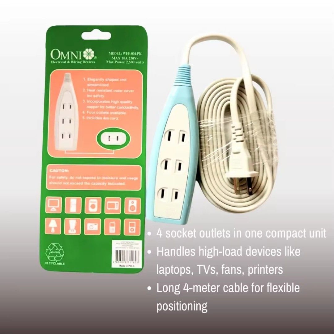 Extension (Category: Electrical, Adaptors & Sockets) located in Manila. Submitted by oto-solar (Listing ID 1400295545, Image 3). Description: OMNI Extension Cord 4 Meter 4 Gang Wee-004.