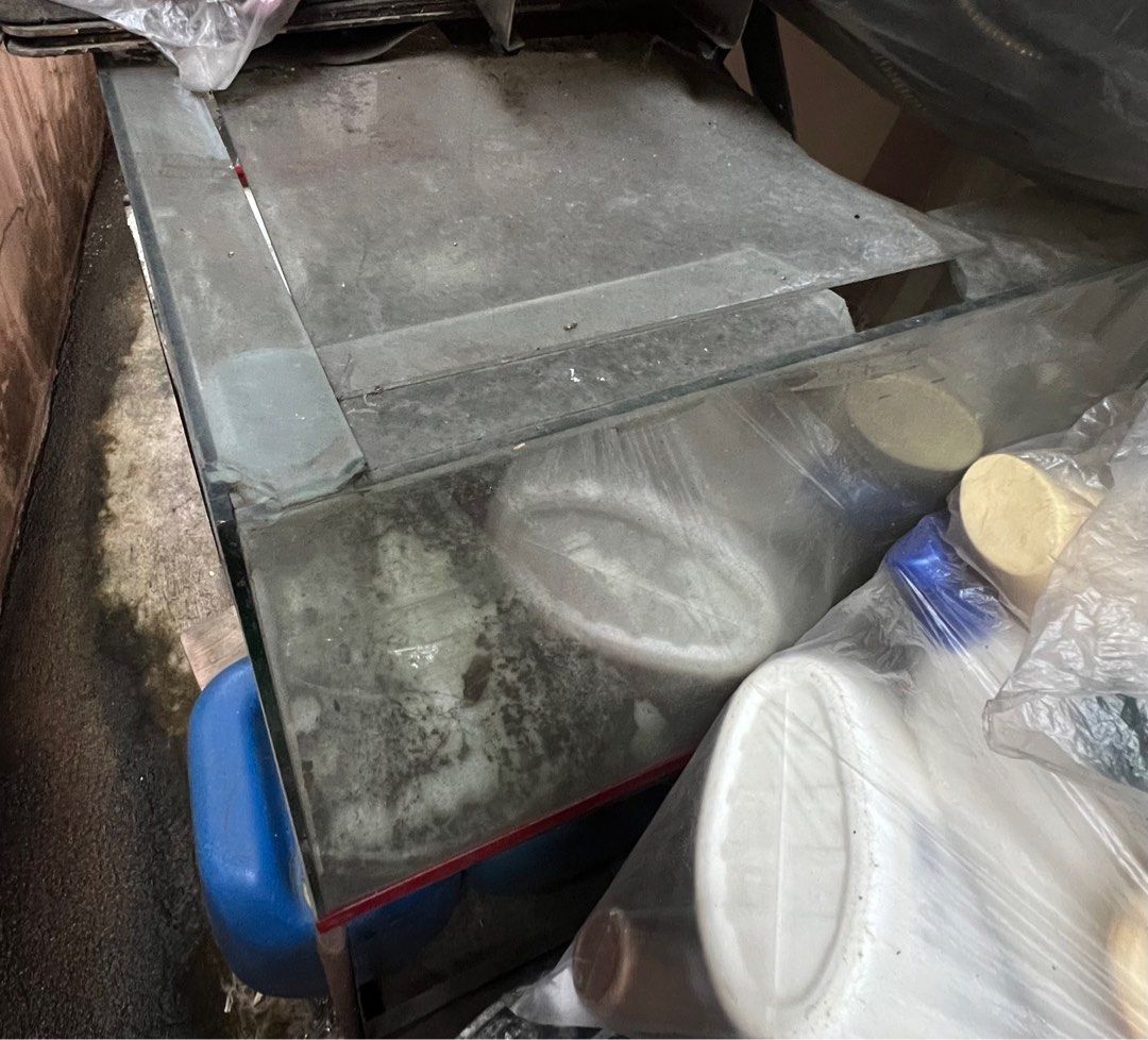 Glass Aquarium with Metal Stand (Category: Homes & Other Pet Accessories) located in Manila. Submitted by luna.11 (Listing ID 1400276792, Image 3). Description: - 32 inches long (estimated around 70 gallons) - Metal stand with red trim - Suitable for fish or aquatic pets - Empty aquarium - Stand has a lower shelf for storage - Walang basag sa mismong aquarium, pero ung lid, needs replacement Pick up by the buyer.