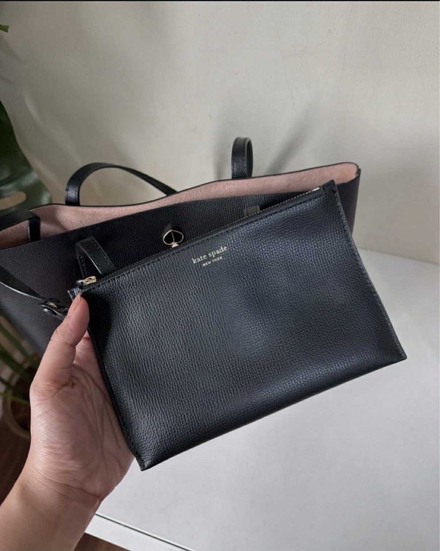 KATE SPADE BLACK Molly Large Tote (Category: Tote Bags) located in Bulacan. Submitted by caseforless (Listing ID 1400266355, Image 3). Description: DETAILS SIZE 11.5”h X14” w x 5” d handle drop: 9.5” MATERIAL crossgrain leather microsuede lining DETAILS enamel spade detail gold foil embossed logo open top with a dog-clip closure removable pouch imported style # pxrua171 Style No. PXRUA171 - No inclusions RFS: Letting go of some of my bags.