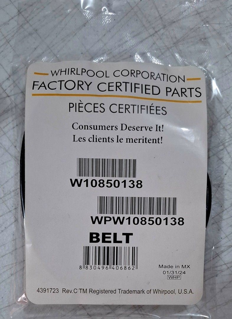MAYTAG Whirlpool W10850138 Belt (Category: Belts) located in Manila. Submitted by jun.tipid (Listing ID 1400262335, Image 1). Description: Genuine Maytag Whirlpool Drive Belt Part No. WPW10850138 perfectly identical with Part No. WPW11213879 BRAND NEW.