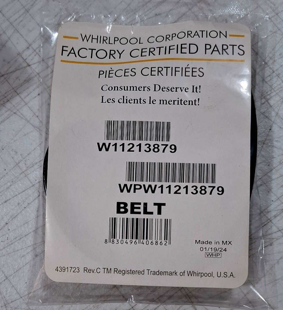MAYTAG Whirlpool W11213879 Belt (Category: Washing Machines and Dryers) located in Manila. Submitted by jun.tipid (Listing ID 1400261446, Image 1). Description: Genuine Maytag Whirlpool Drive Belt Part No. WPW11213879 perfectly identical with Part No. WPW10850138 BRAND NEW.