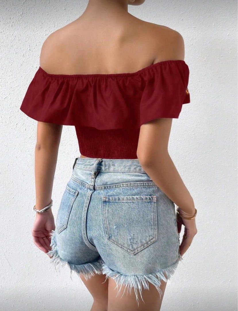 Off-Shoulder Floral Burgundy Top (Category: Others Tops) located in Mandaluyong City. Submitted by thinkerbell3 (Listing ID 1400216989, Image 2). Description: Closet cleanup Originally 400Php.
