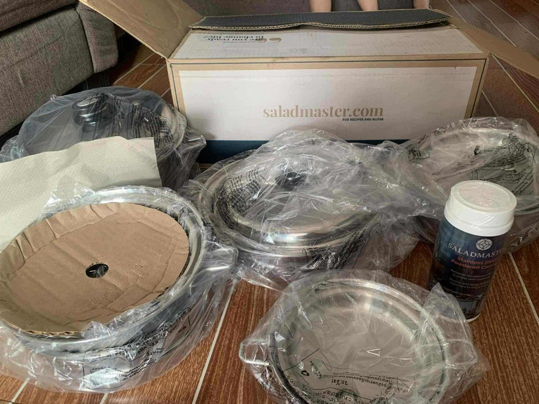 Saladmaster Stainless Steel Cookware Set (Category: Cookware & Accessories) located in Manila. Submitted by raygabriel42699 (Listing ID 1400330878, Image 2). Description: Set includes: 1 Qt. (.9L) Sauce Pan with Cover, 3 Qt. (2.8L) Sauce Pan with Cover, 3 Qt. (1.8L) Perforated Basket, 7 Qt. (6.6L) Roaster with Cover, 9 in. (22.9cm) Skillet with Cover, 11 in. (27.9cm) Skillet with Cover, Stainless Steel Powdered Cleaner, three long handles, four s