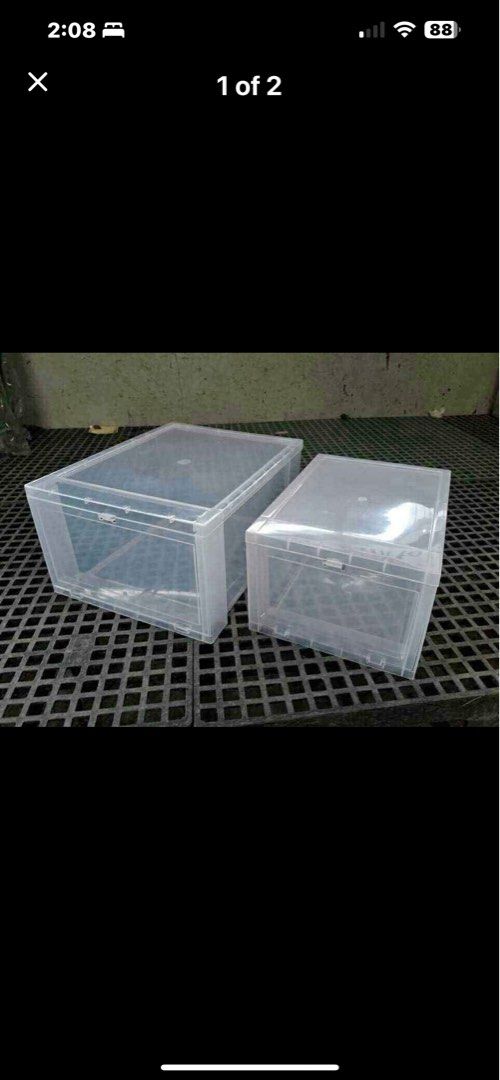 Shoe box shoe organizer stackable box (Category: Storage Boxes & Baskets) located in Valenzuela. Submitted by truewhale-789e (Listing ID 1400374905, Image 2). Description: Clear stackable box. Shoe box organizer. Good quality plastics. Minimum order 9 pcs 2 sizes available. 1. Regular fits upto size10 wmns (12inL x 8inW x 6inH) 2.Large fits upto size14 mens (14inL x 11inW x 7inH).
