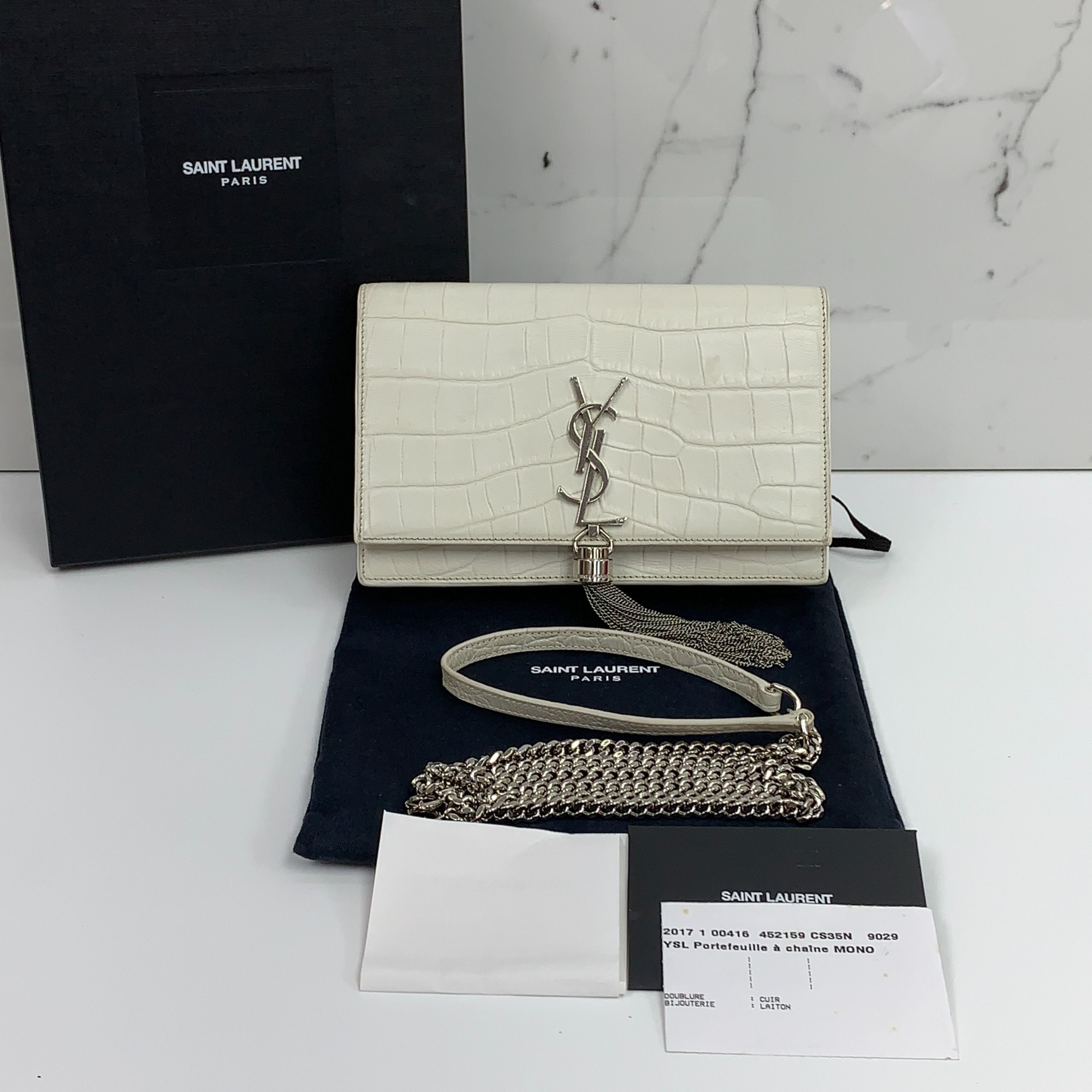 YVES SAINT LAURENT WHITE KATE 452159 WALLET ON CHAIN SHW EMBOSSED