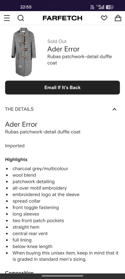 Ader Error Rubas Patchwork Duffle Coat (Category: Coats, Jackets and Outerwear) located in Singapore. Submitted by jeffnelson (Listing ID 1400550342, Image 3). Description: - Ader Error coat - Unique patchwork design - Toggle closures - Wool blend material - Spread collar - Long sleeves - Two front patch pockets - Straight hem - Below-knee length - Fully lined - Unisex but based on Large men's - Brand new with tags U.P. 1800.