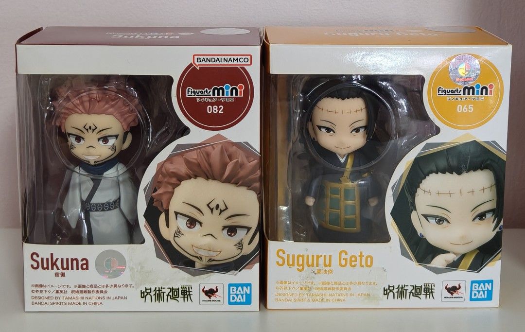 Bandai Figuarts Mini Jujutsu Kaisen (JJK) Figurine - Sukuna & Suguru Geto (Category: Toy Figures) located in Singapore. Submitted by minter9 (Listing ID 1354595651, Image 1). Description: $35 each. Lightly displayed only. Note that there are some sticker stains on the box. Perfect for adding to your anime figurine collection. Meet-up location can be discussed~.