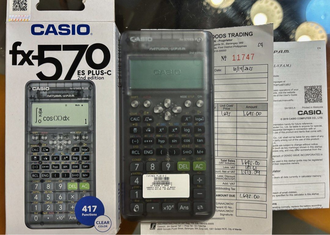 CASIO fx-570ES PLUS TRANSPARENT SCIENTIFIC CALCULATOR (Category: Office & Business Technology) located in Navotas City. Submitted by marjmartinez002 (Listing ID 1400397437, Image 2). Description: - CASIO fx-570ES PLUS Scientific Calculator - Comes with original box and receipt (Oct. 10, 2025) - Transparent design - Features a wide array of functions - Perfect for students and professionals - Stylish and functional - Includes protective cover .