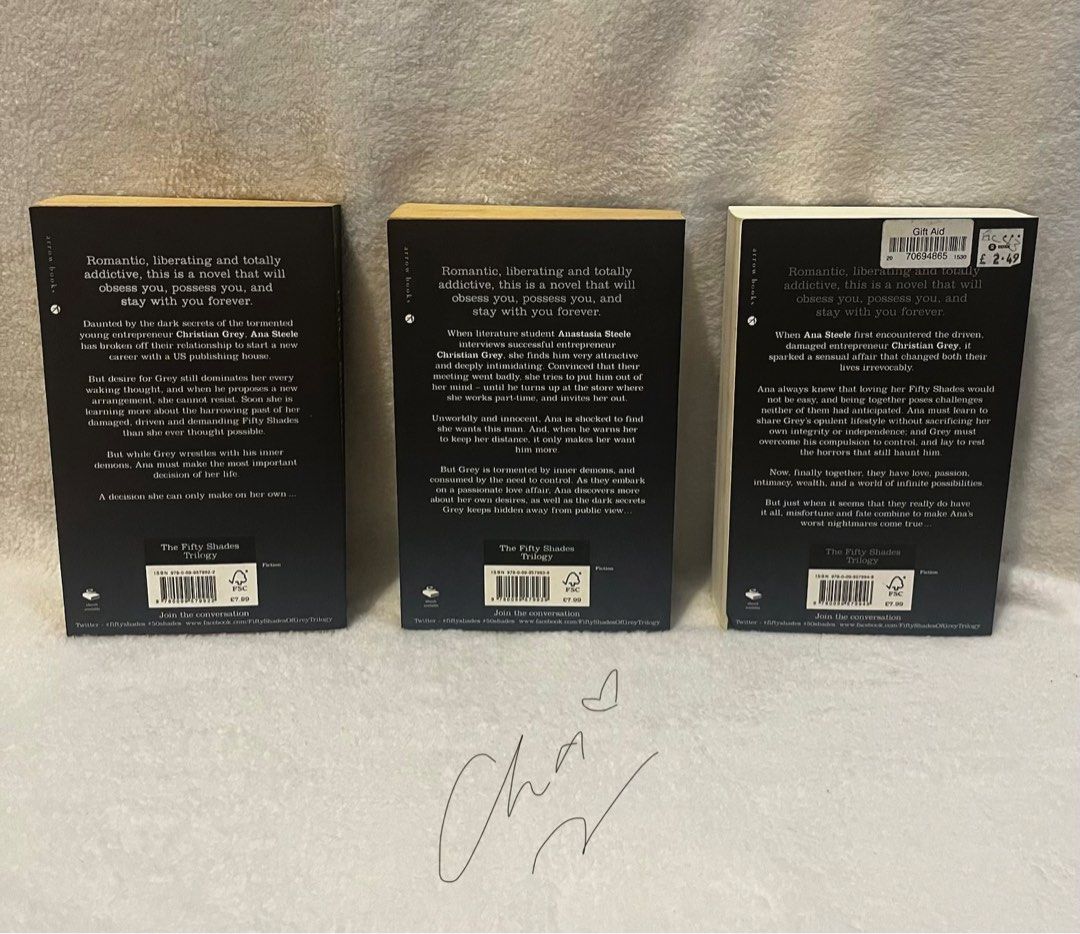 Fifty Shades Trilogy by EL James (Category: Storybooks) located in Cainta. Submitted by chaching_corner (Listing ID 1400556452, Image 3). Description: - Fifty Shades trilogy by E.L. James - Includes: Fifty Shades of Grey, Fifty Shades Darker, Fifty Shades Freed - Complete set: ₱800 - Individual books: ₱300 each -good condition -pages are still intact.