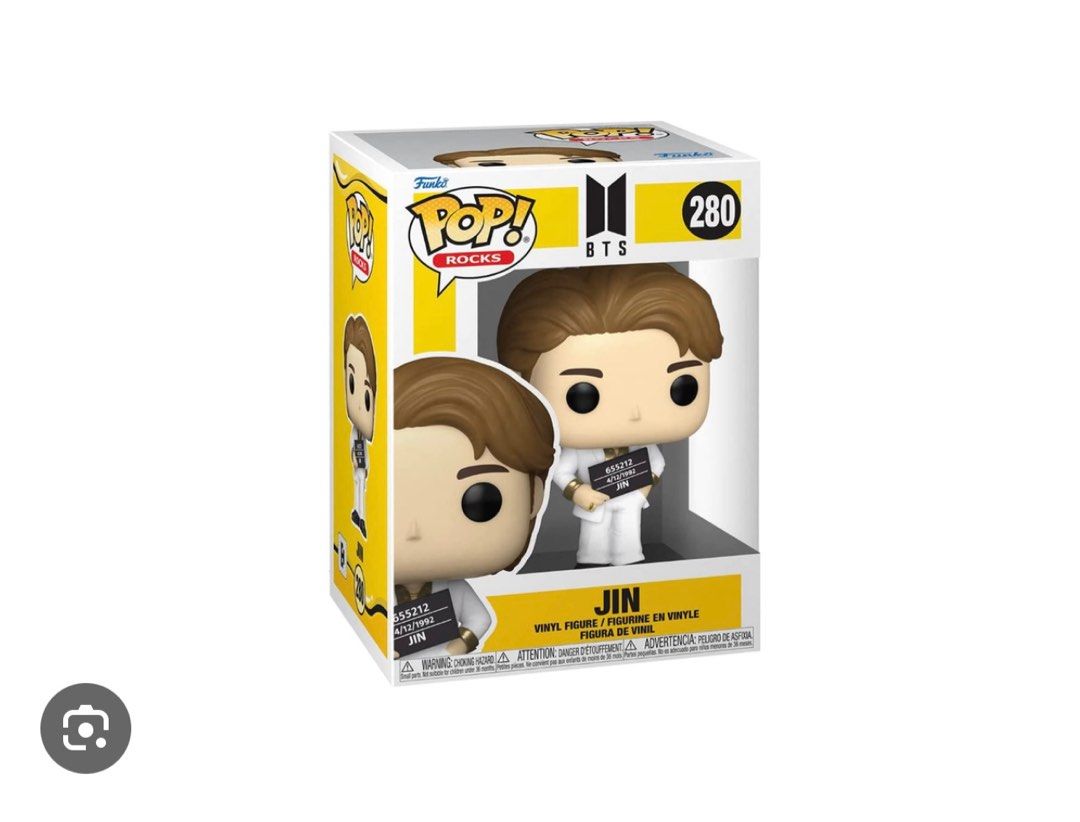 Funko Pop! Rocks BTS Suga & Jin Figures (Category: Designer & Blind Box Toys) located in Mandaluyong City. Submitted by rrpascual (Listing ID 1400516737, Image 2). Description: - Funko Pop! Rocks figures featuring BTS members Suga (281) and Jin (280). -550 each or 1000 if both figures - Both figures are in their original boxes. - Suga figure: Black outfit. - Jin figure: White outfit. - Perfect for BTS fans and Funko Pop collectors..