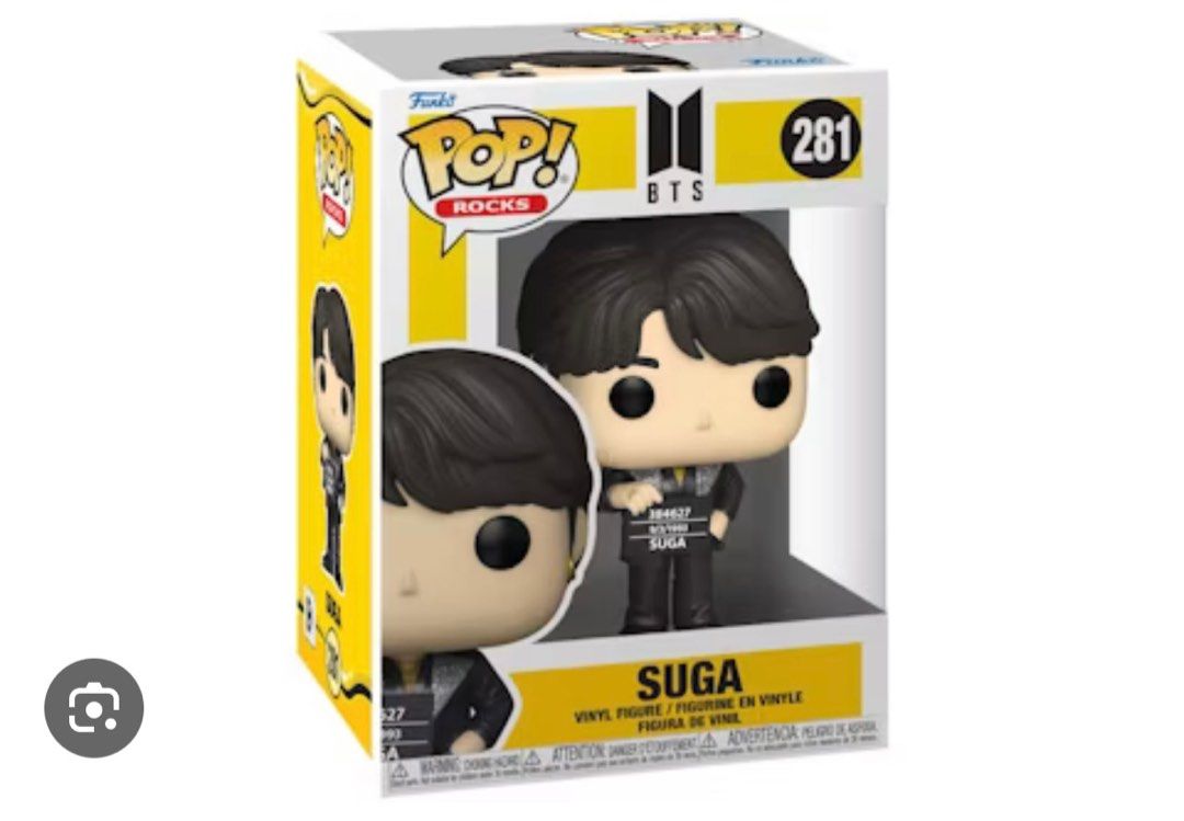 Funko Pop! Rocks BTS Suga & Jin Figures (Category: Designer & Blind Box Toys) located in Mandaluyong City. Submitted by rrpascual (Listing ID 1400516737, Image 3). Description: - Funko Pop! Rocks figures featuring BTS members Suga (281) and Jin (280). -550 each or 1000 if both figures - Both figures are in their original boxes. - Suga figure: Black outfit. - Jin figure: White outfit. - Perfect for BTS fans and Funko Pop collectors..