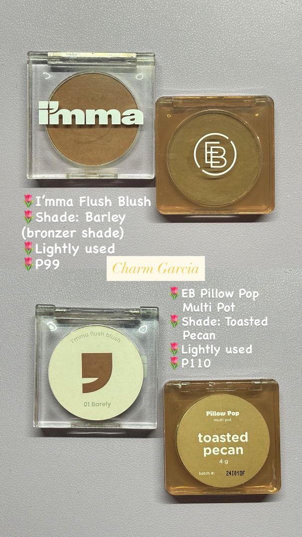 I'MMA Flush Blush / Ever Bilena Pillow Pop Multi Pot (Category: Makeup) located in Quezon City. Submitted by tsarm_ (Listing ID 1400406647, Image 1). Description: - I'MMA Flush Blush: Barley (bronzer shade) - P60 / Lightly Used - Ever Bilena Pillow Pop Multi Pot: Toasted Pecan - P70 / Lightly Used 💫FREEBIES for orders P300+ (until supplies last) 🌷condition: brandew/preloved 🌸all preloved items are sanitized and good as new 📍loc: Quezon City �