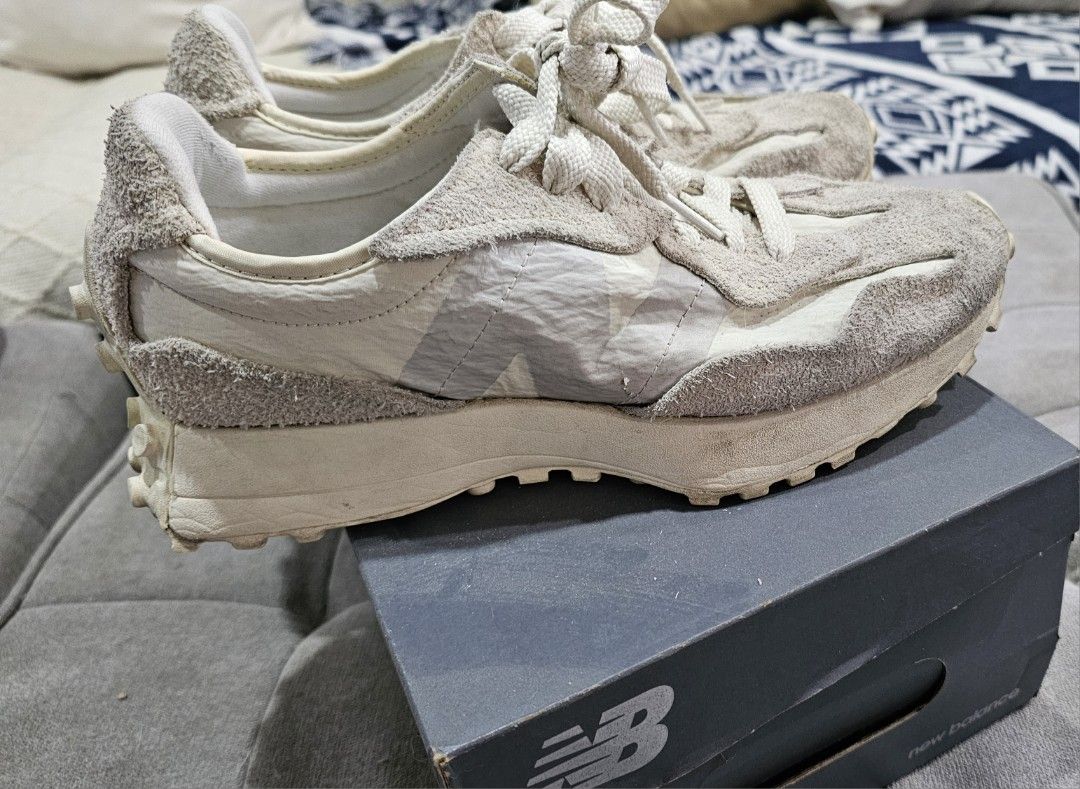 New Balance 327 WCC Sneakers (Category: Sneakers) located in Quezon City. Submitted by kayceebeerrr (Listing ID 1400426156, Image 2). Description: - New Balance 327 sneakers - Neutral colorway (eggshell) - Suede and nylon upper - Textured sole - US size 6, UK 5.5, EUR 38.5 - Worn by a woman but from the men's section - Includes original box Looks rugged but it's really the style. Selling coz I no longer wear shoes as much due to remote work set-u
