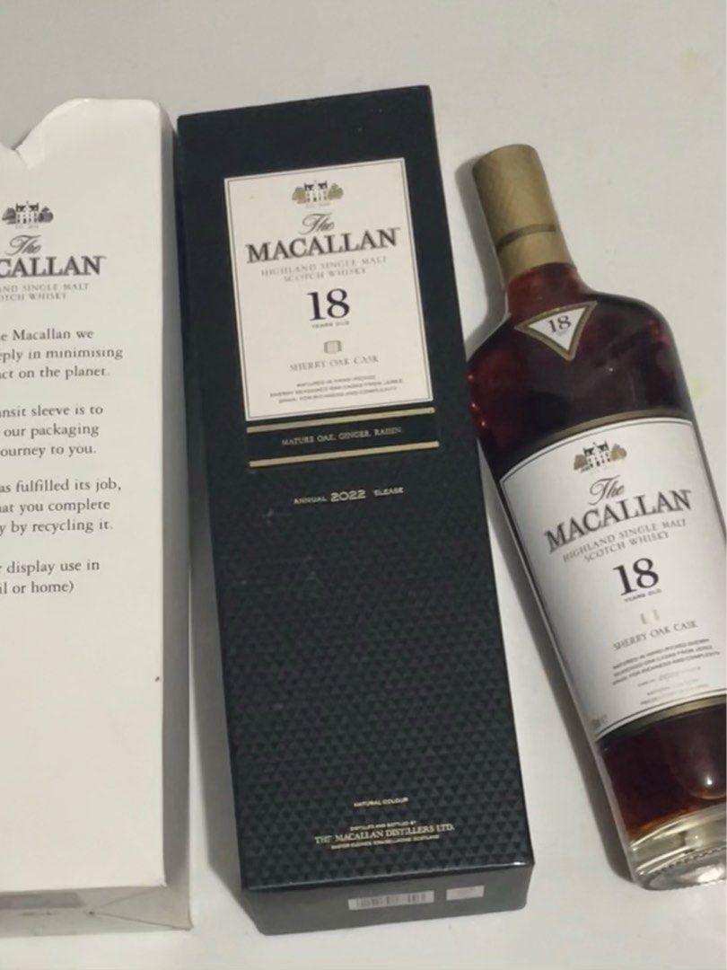 The Macallan 18 Year Old Sherry Oak Cask (Category: Beverages) located in Manila. Submitted by silverthrift_tennisshop (Listing ID 1400392785, Image 1). Description: - Macallan 18 Year Old Highland Single Malt Scotch Whisky - Sherry Oak Cask - 2022 Release - Includes bottle, box, and transit sleeve I’ll sell it for 27,000 pesos plus offer me a Single Malt of my liking (not particular of the brand). Happy Holidays! Cheers! 🥂 .